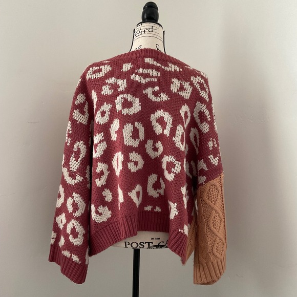 POL Anthropologie Leopard Print Cable Knit V Neck Sweater Burgundy Peach Sz L - Picture 6 of 10
